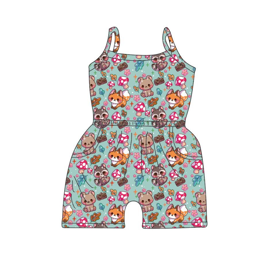 Qingli OEM Wholesale Kids Milk Silk Bear Printed Sleeveless Jumpsuit Baby Romper With Pocket