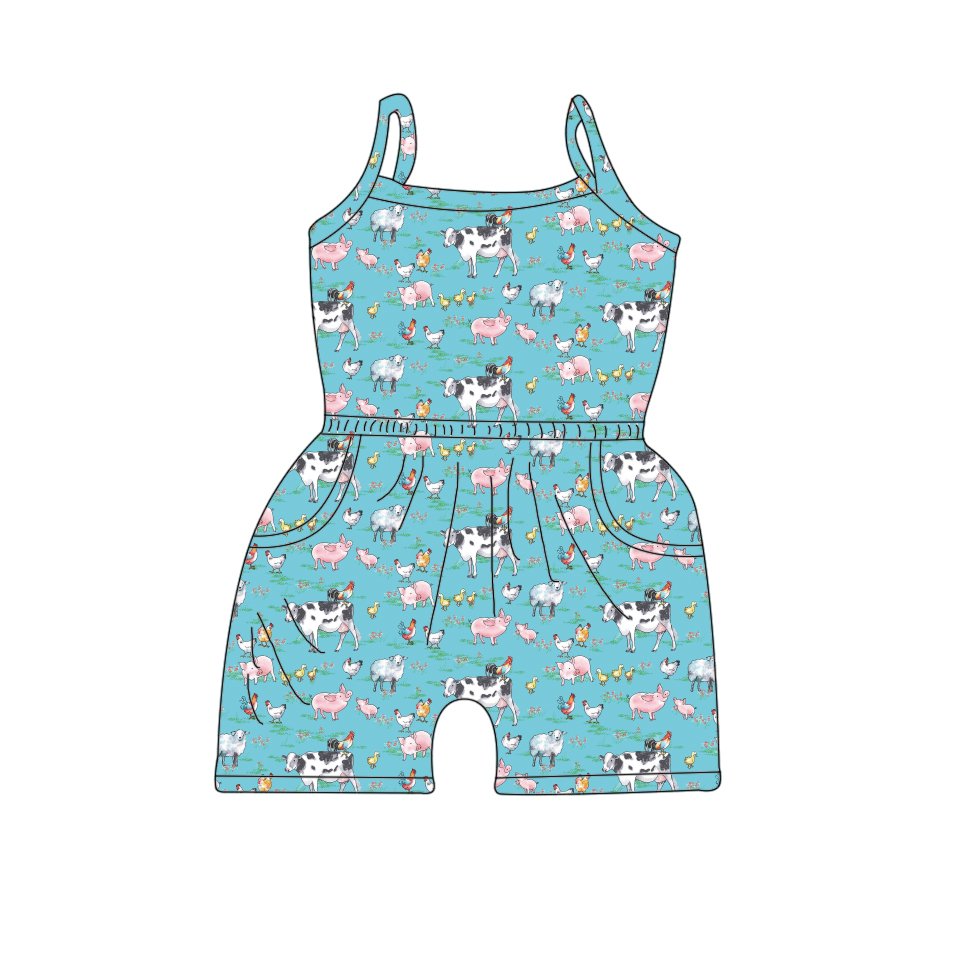 Qingli OEM Wholesale Kids Milk Silk Bear Printed Sleeveless Jumpsuit Baby Romper With Pocket