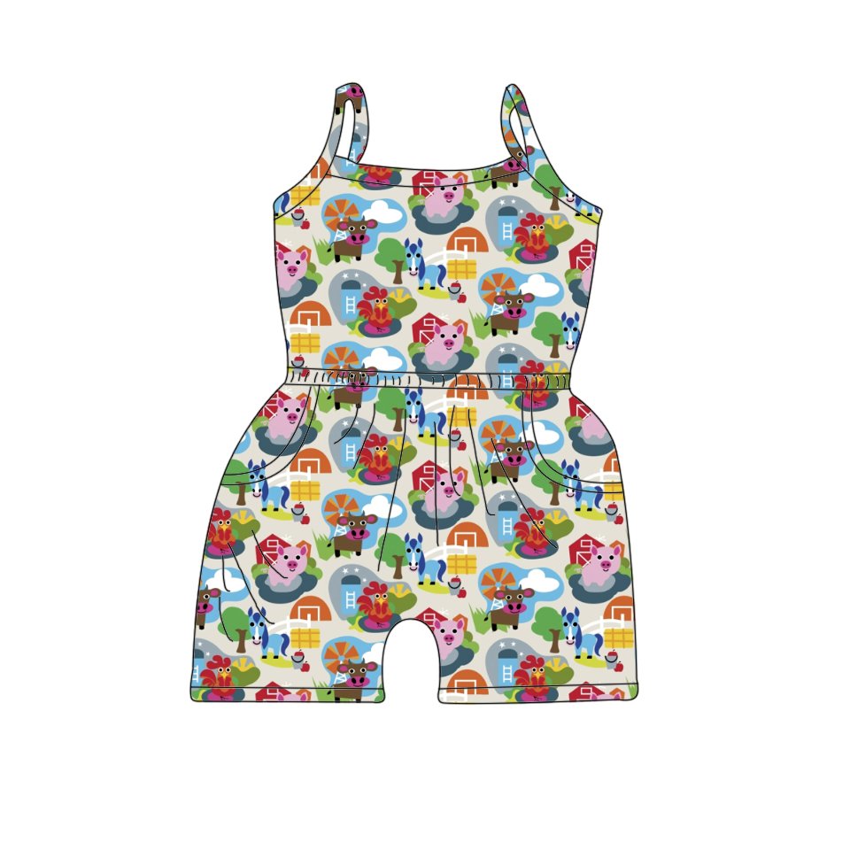 Qingli OEM Wholesale Kids Milk Silk Bear Printed Sleeveless Jumpsuit Baby Romper With Pocket