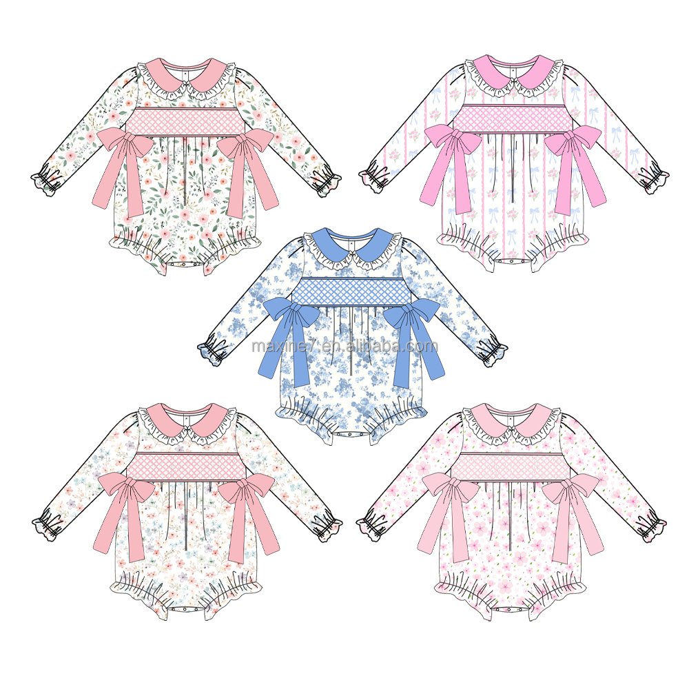 Puresun Children Smocking Clothes Boutique Embroidery Baby Girls Winter Cotton Rompers Wholesale