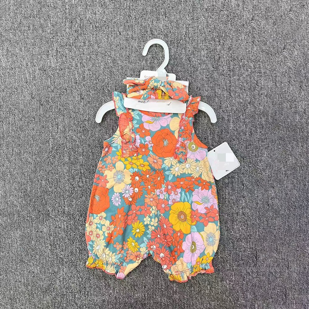 Hot Selling Summer Newborn Baby Rompers Sets Infant Jumpsuit For Babies Cotton Headband +Onesies 2pcs Suits