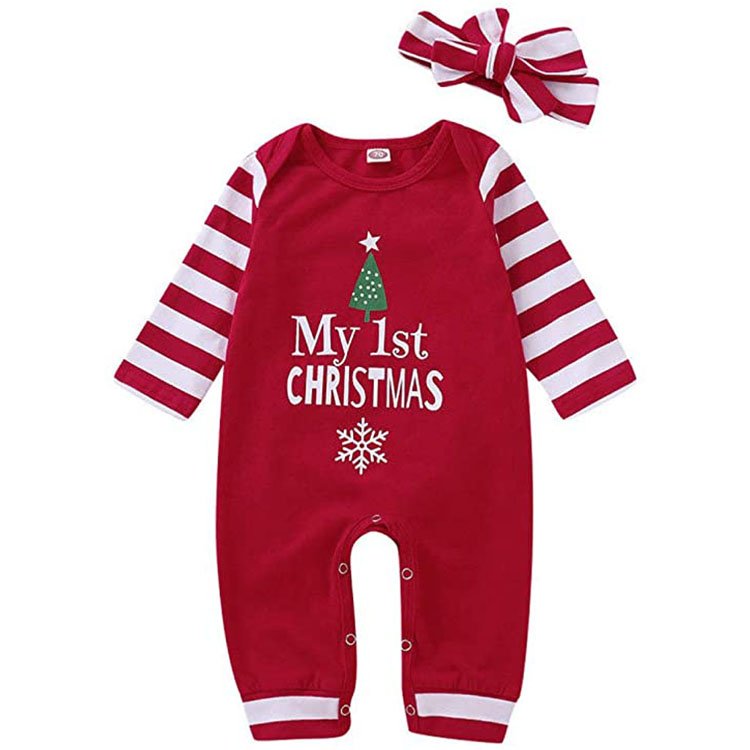 2023 Hot Selling Christmas Newborn Infant Baby boy Girl Clothes Outfit Long Sleeve Pajama Striped Headband Baby Romper