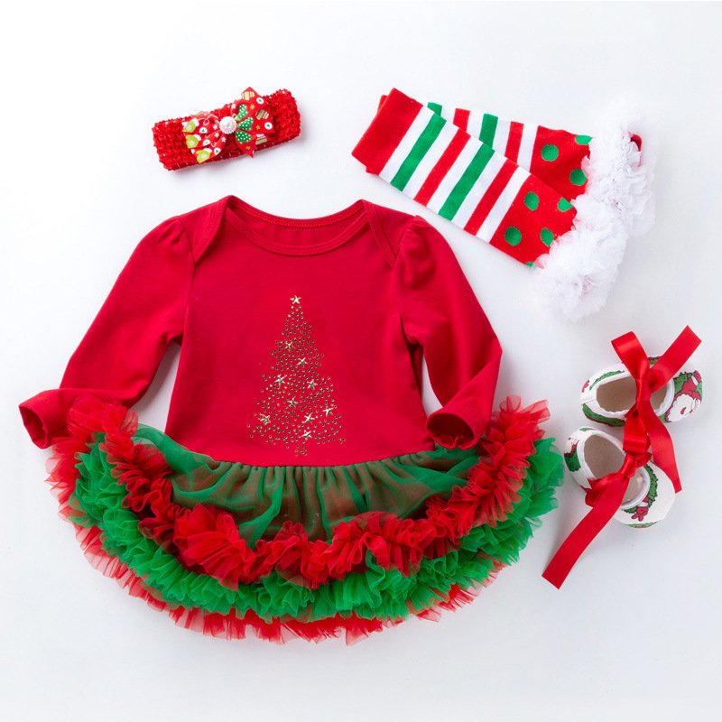 New Christmas Baby Girl Holiday Birthday Rompers Long-Sleeved High Quality 4pcs Baby Christmas Romper