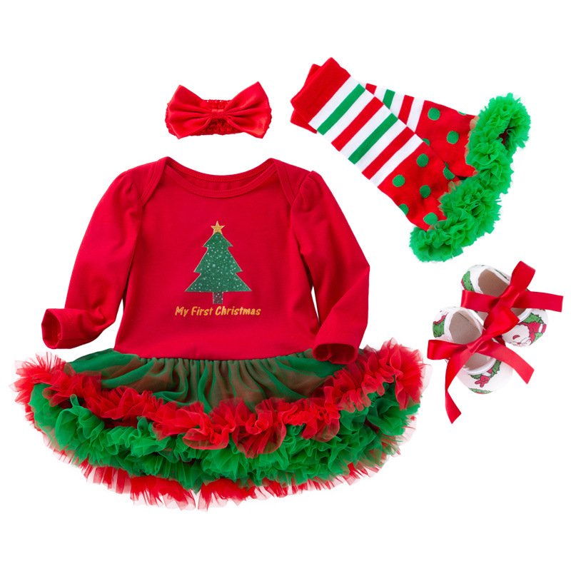 New Christmas Baby Girl Holiday Birthday Rompers Long-Sleeved High Quality 4pcs Baby Christmas Romper
