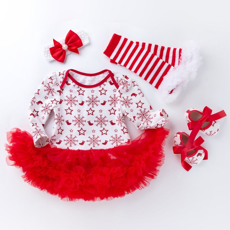 New Christmas Baby Girl Holiday Birthday Rompers Long-Sleeved High Quality 4pcs Baby Christmas Romper