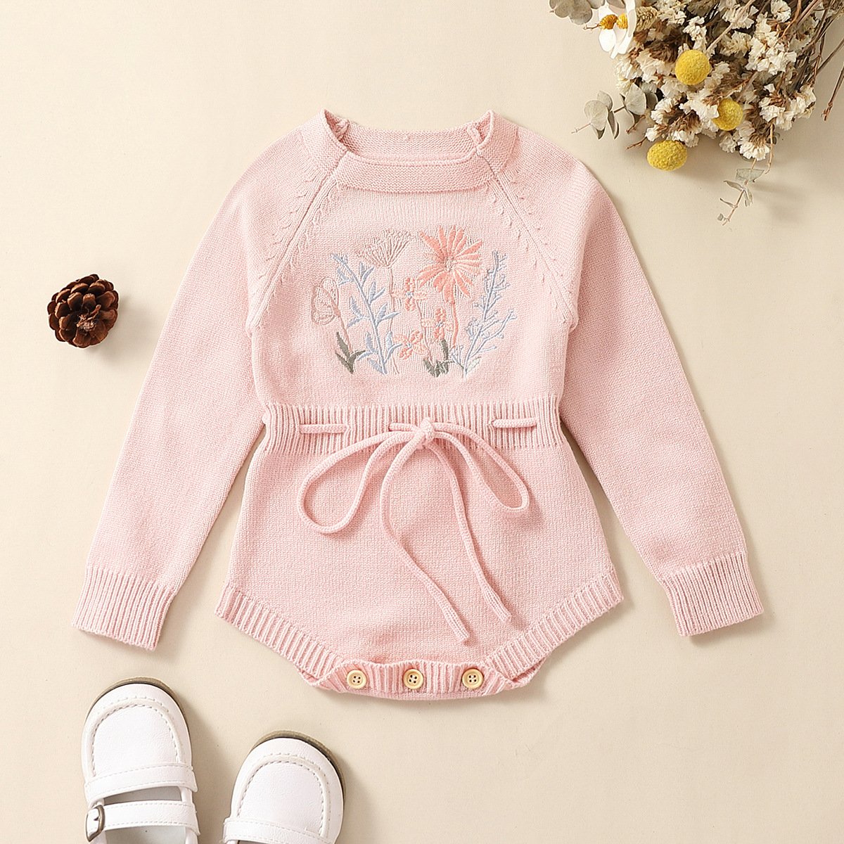 Infant Baby Girl Knit Jumpsuit Flower Embroidery Round Neck Long Sleeve Romper with Drawstring Waist lbc