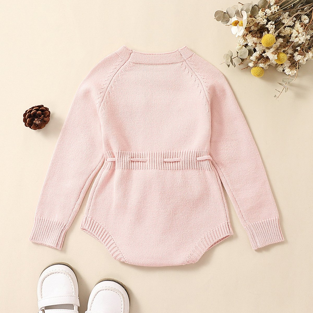 Infant Baby Girl Knit Jumpsuit Flower Embroidery Round Neck Long Sleeve Romper with Drawstring Waist lbc