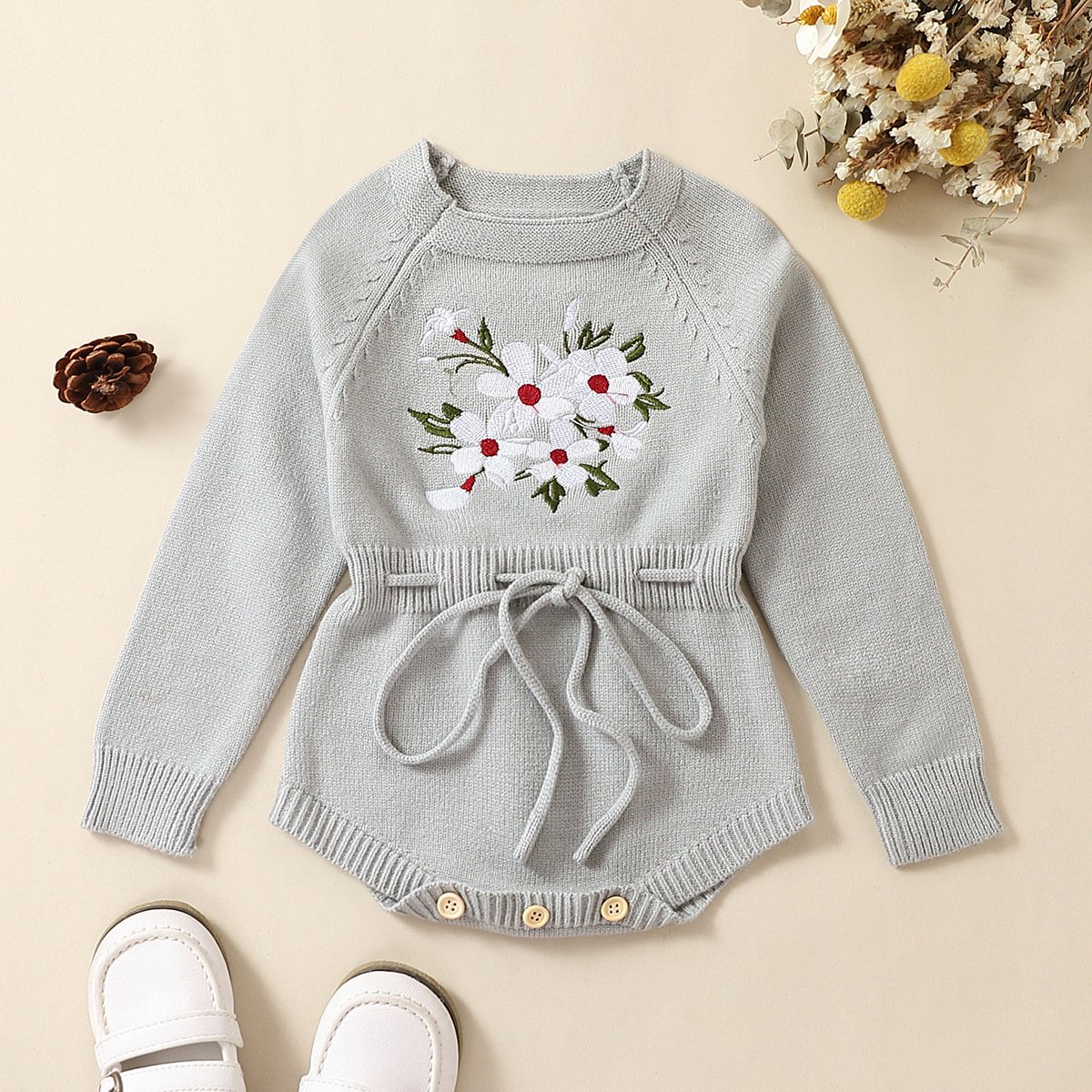 Infant Baby Girl Knit Jumpsuit Flower Embroidery Round Neck Long Sleeve Romper with Drawstring Waist lbc
