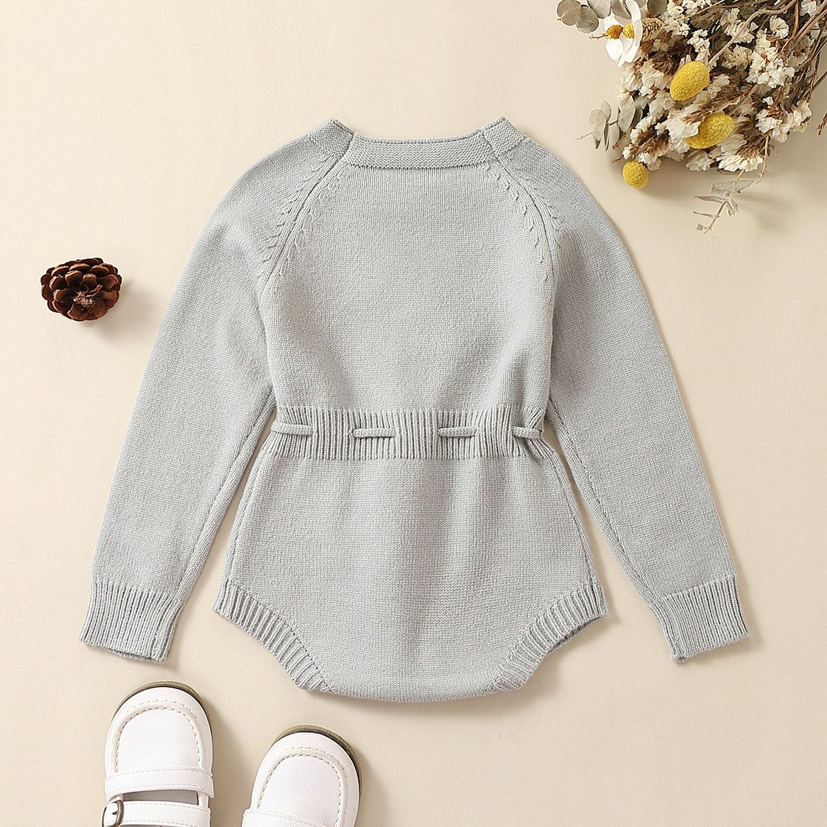 Infant Baby Girl Knit Jumpsuit Flower Embroidery Round Neck Long Sleeve Romper with Drawstring Waist lbc