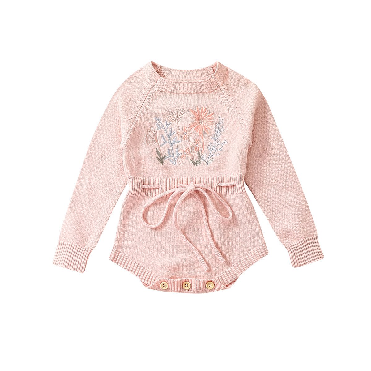 Infant Baby Girl Knit Jumpsuit Flower Embroidery Round Neck Long Sleeve Romper with Drawstring Waist lbc