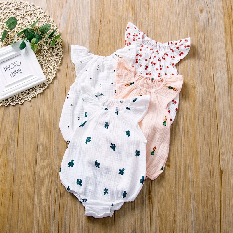 Baby Girls Simple Sleeveless newborn jumpsuits 100% organic cotton little cactus cherry print 0-24 month summer baby romper