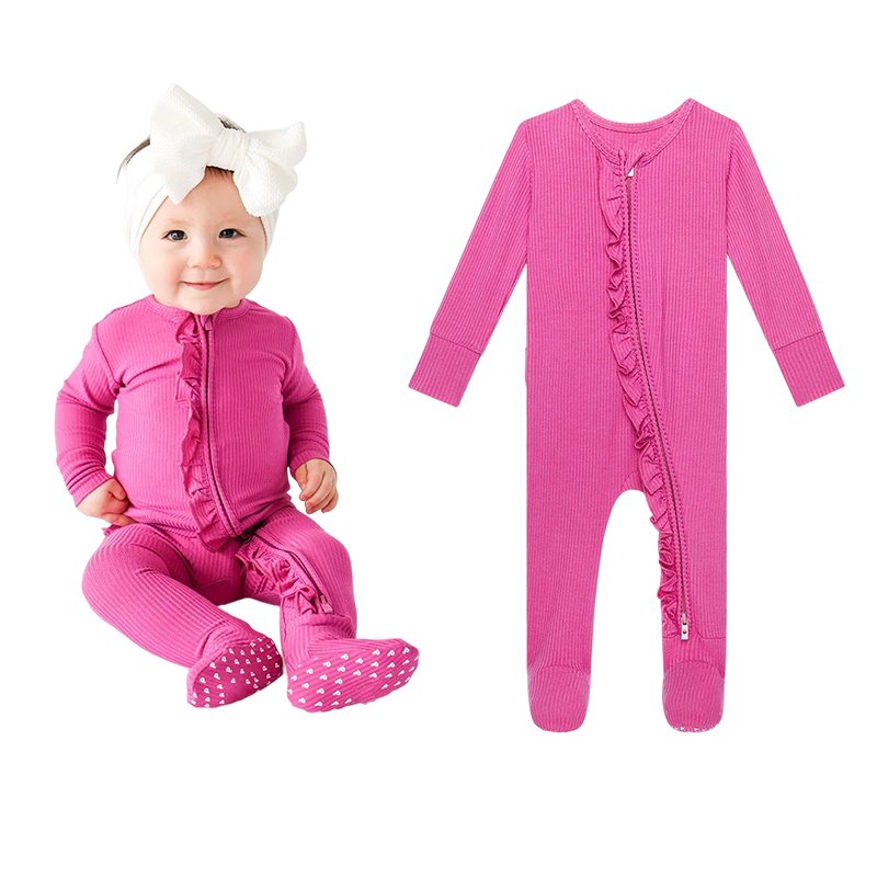 Baby ruffle romper organic baby bamboo romper sustainable baby sleep suits eco friendly infant sleepsuit zip newborn onesie