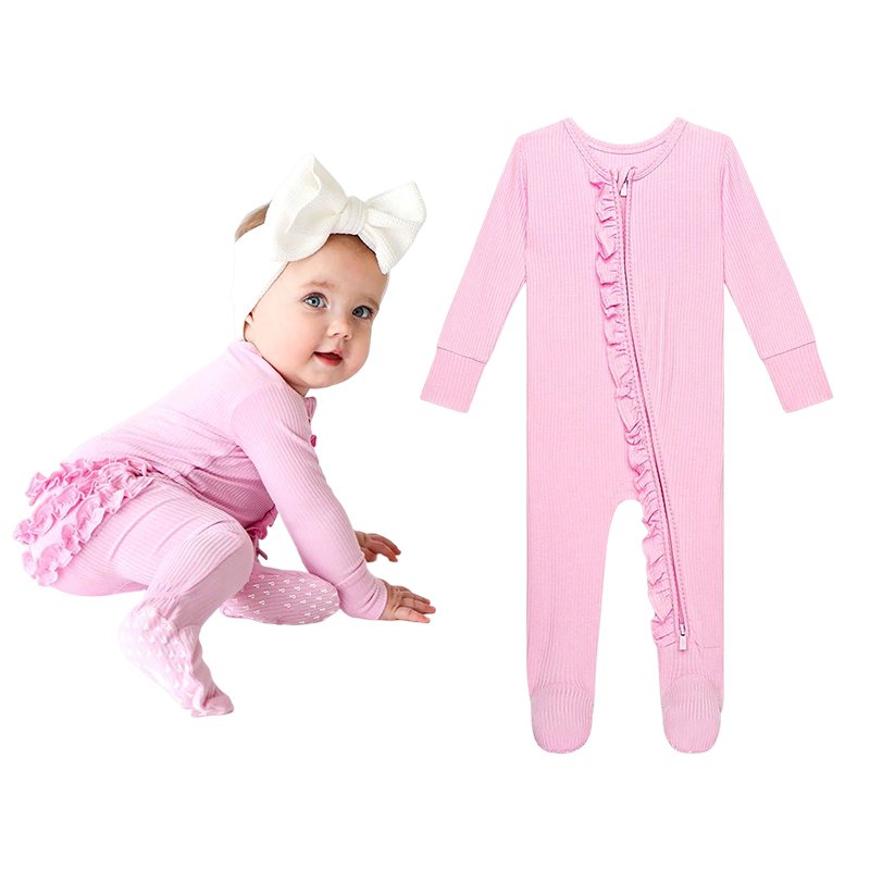 Baby ruffle romper organic baby bamboo romper sustainable baby sleep suits eco friendly infant sleepsuit zip newborn onesie