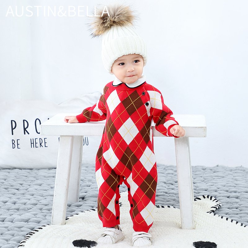 Manufacturer wholesale boutique baby clothes chunky knitted sweater romper christmas custom label logo winter baby boy clothing