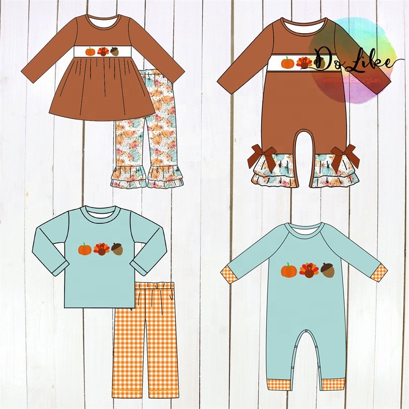 Hot sale Children Dress Stripes baby rompers Thanksgiving dresses smocked boys and girls clothing set