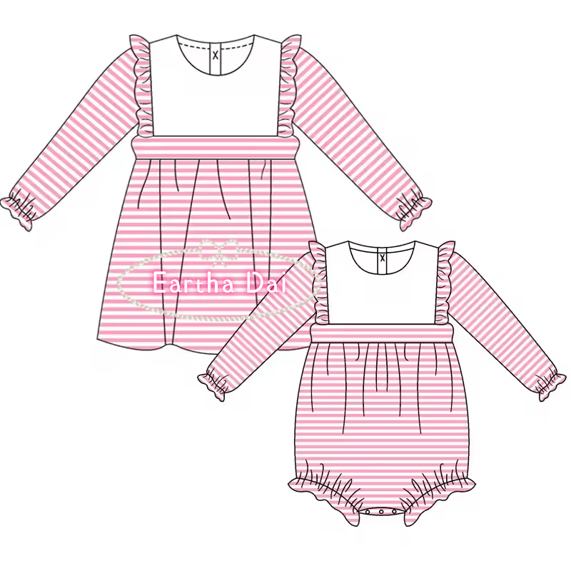 monogram kids' dresses striped cotton knit dress long sleeve matching baby romper sets toddler girls dresses