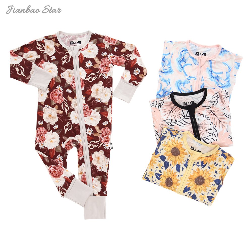 hot sale New high quality Zipper Infant bodysuit jumpsuits Newborn Bamboo Clothes Long Sleeved Lovely Printing Baby Rompers
