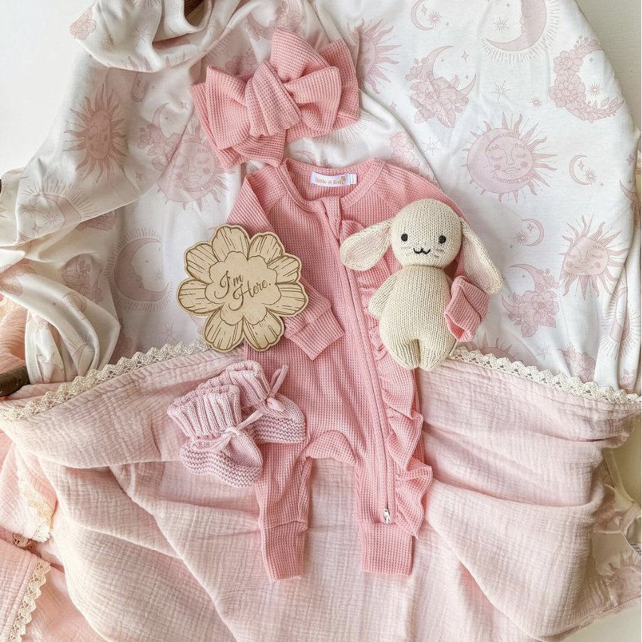Baby Girl Coming Home Outfit monogram 100%cotton waffle ruffle sleeper zipper Romper for Newborn