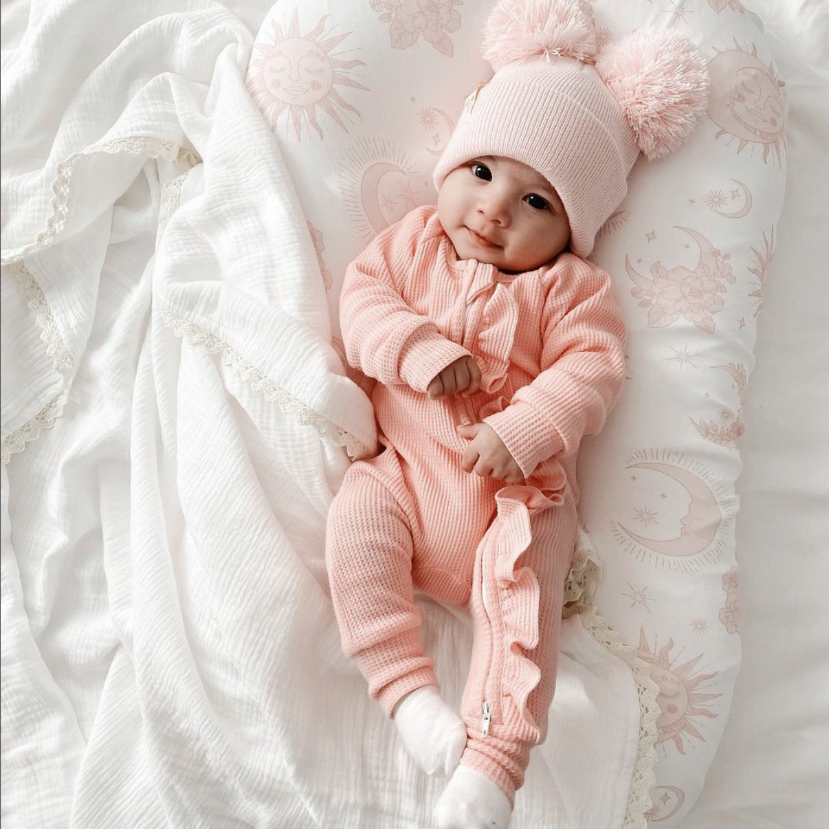Baby Girl Coming Home Outfit monogram 100%cotton waffle ruffle sleeper zipper Romper for Newborn