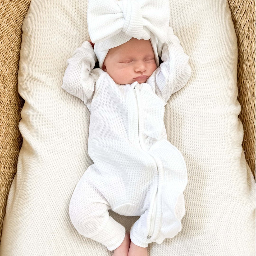 Baby Girl Coming Home Outfit monogram 100%cotton waffle ruffle sleeper zipper Romper for Newborn