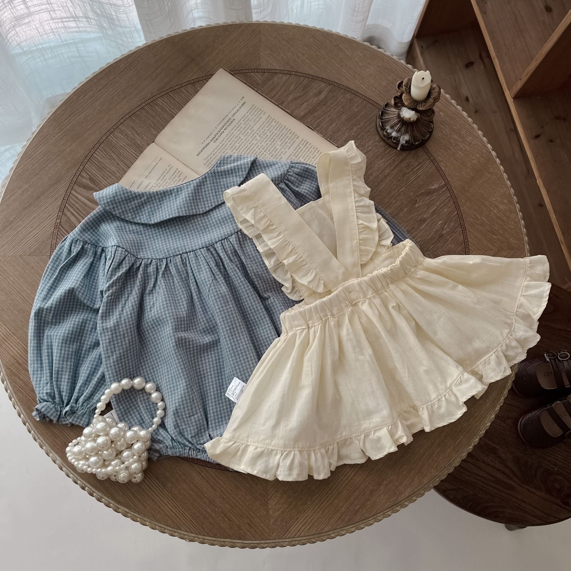 Spring Autumn Infant Baby Girls Blue Plaid Romper Newborn Kids Overall Dress Baby Clothing Set