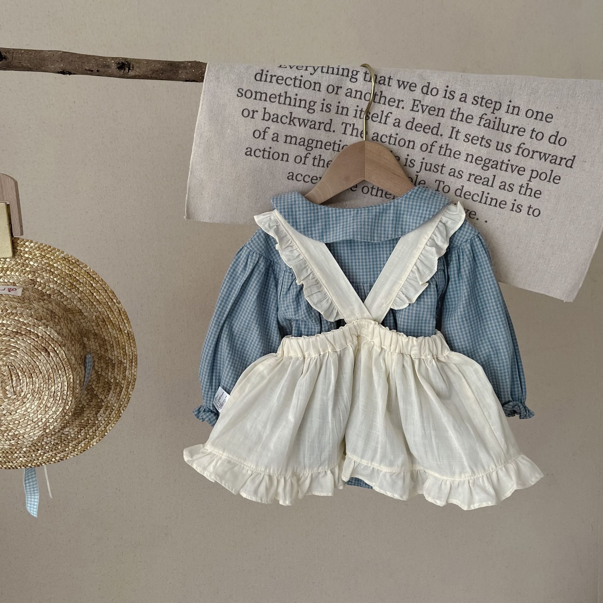 Spring Autumn Infant Baby Girls Blue Plaid Romper Newborn Kids Overall Dress Baby Clothing Set
