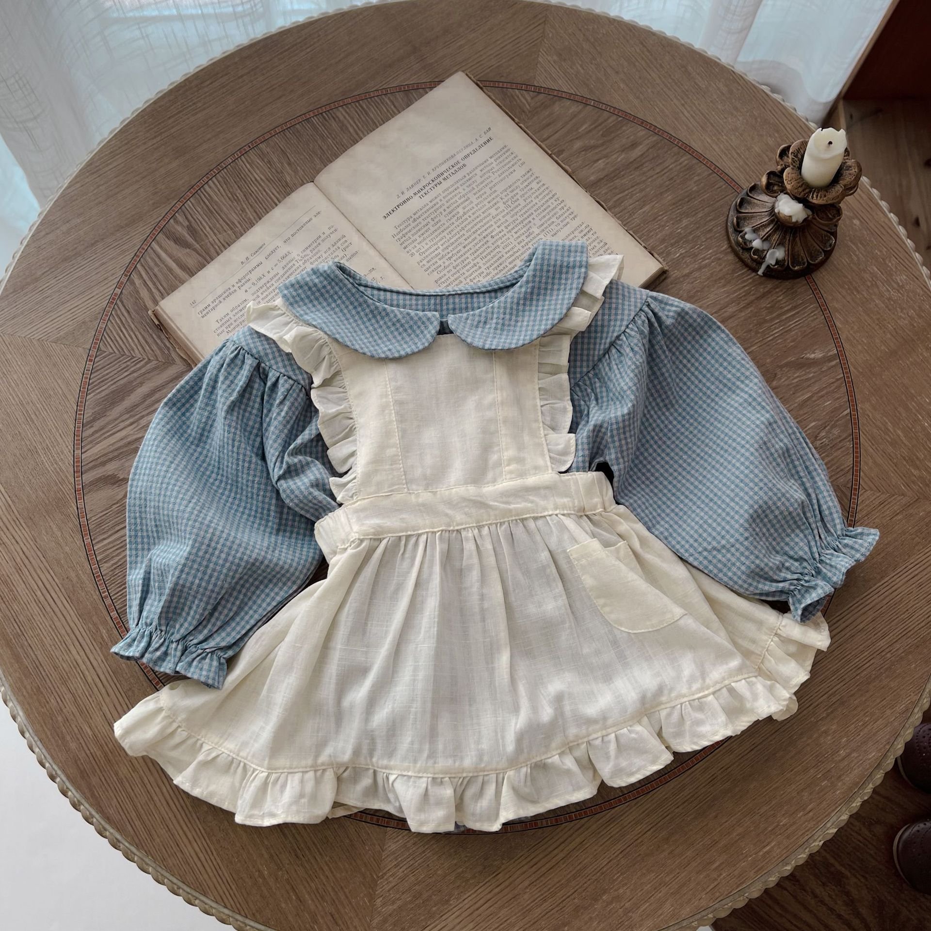 Spring Autumn Infant Baby Girls Blue Plaid Romper Newborn Kids Overall Dress Baby Clothing Set