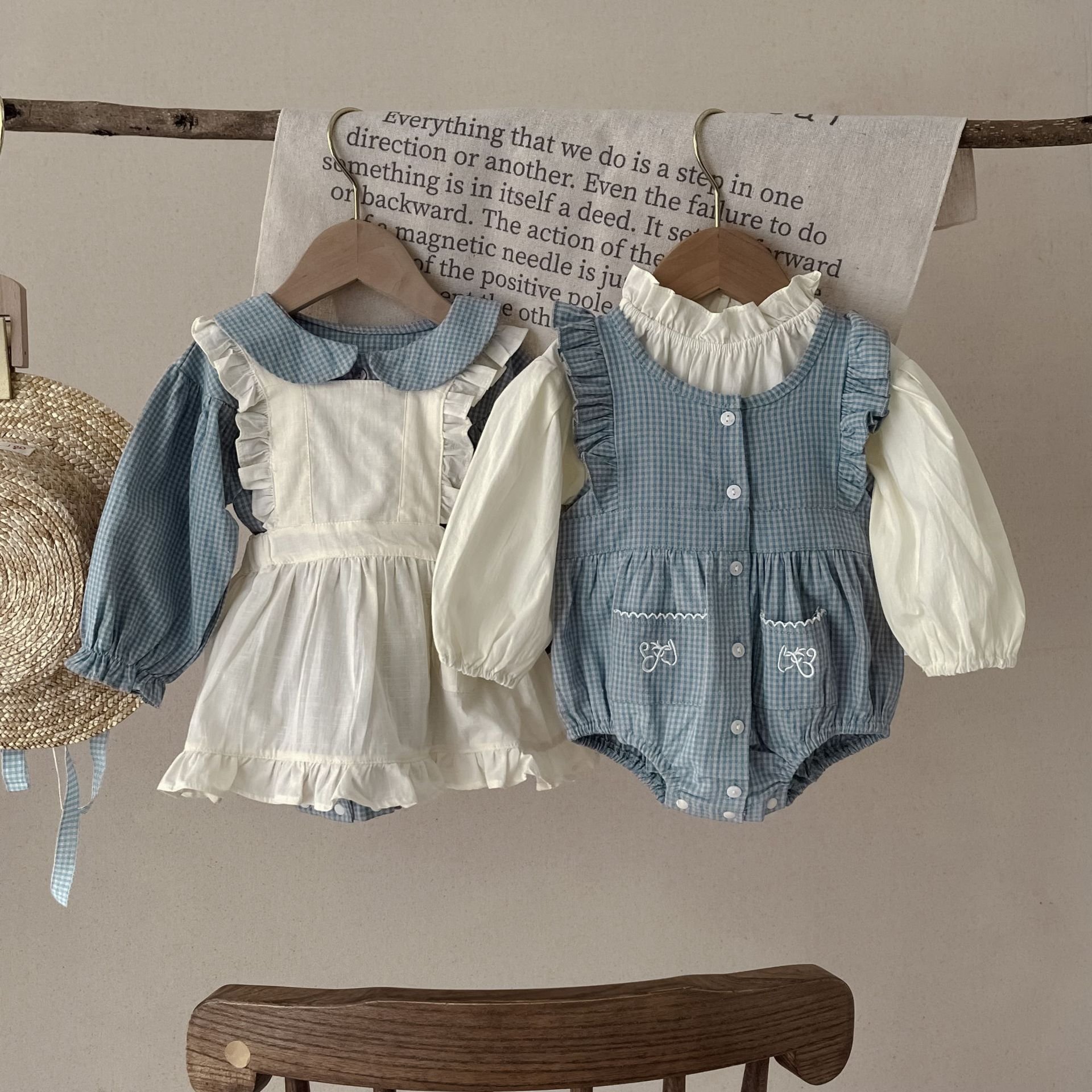 Spring Autumn Infant Baby Girls Blue Plaid Romper Newborn Kids Overall Dress Baby Clothing Set