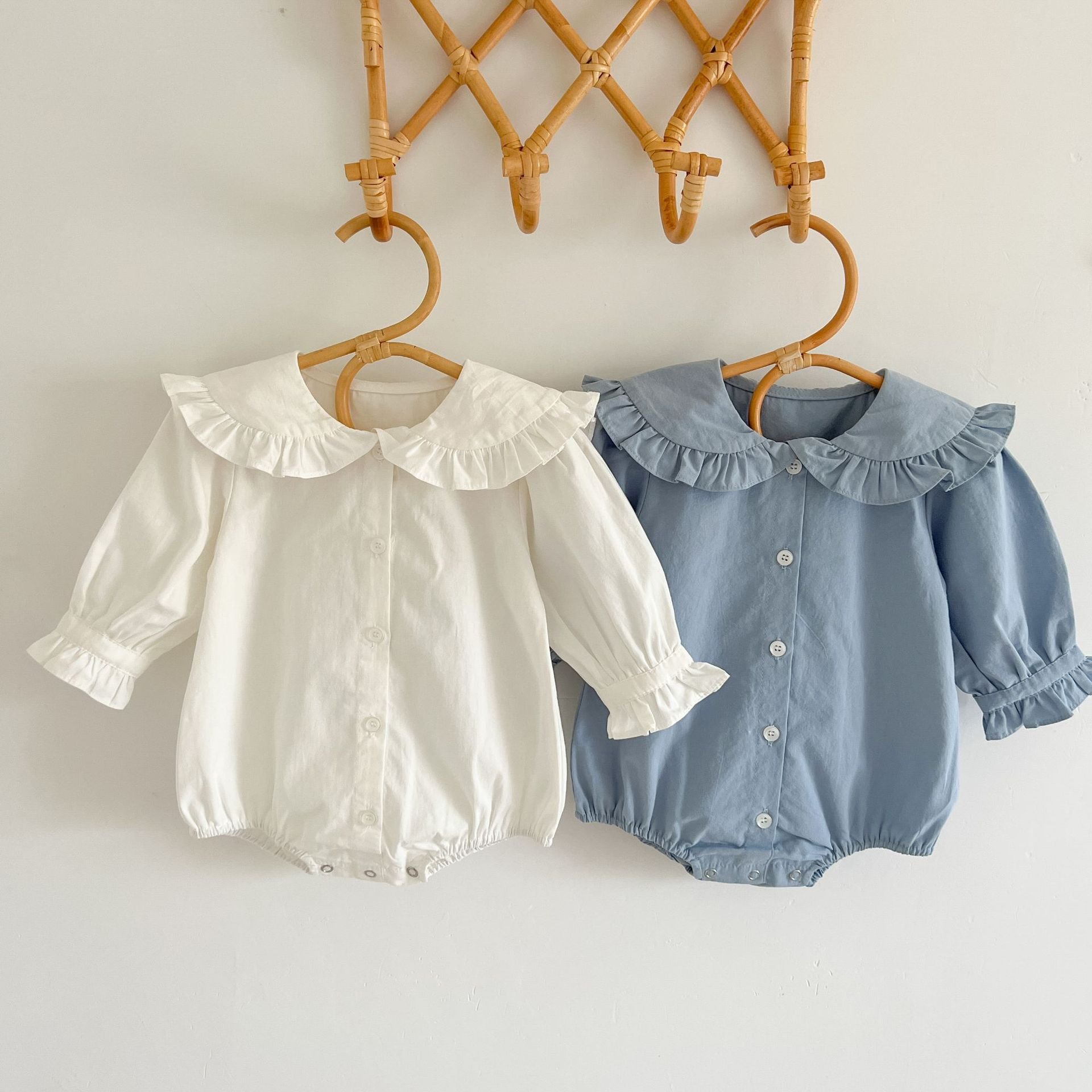 Autumn new baby girl simple solid color Romper Lapel cute Jumpsuit baby clothes