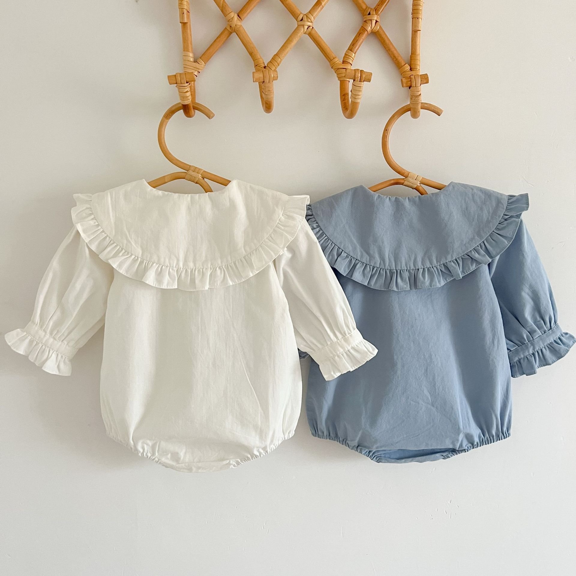 Autumn new baby girl simple solid color Romper Lapel cute Jumpsuit baby clothes