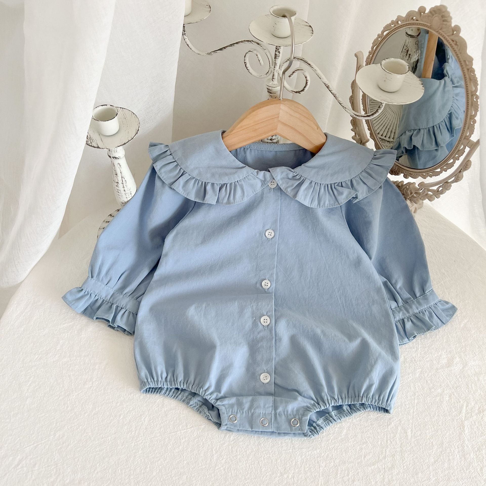 Autumn new baby girl simple solid color Romper Lapel cute Jumpsuit baby clothes