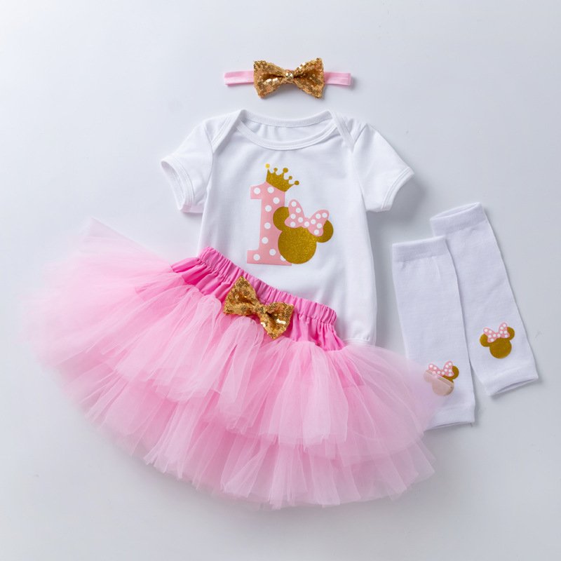 Hot sale newborn baby girls 1year birthday dress baby romper +tutu skirts+sock+headband 4pcs clothing sets