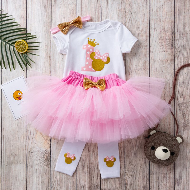 Hot sale newborn baby girls 1year birthday dress baby romper +tutu skirts+sock+headband 4pcs clothing sets