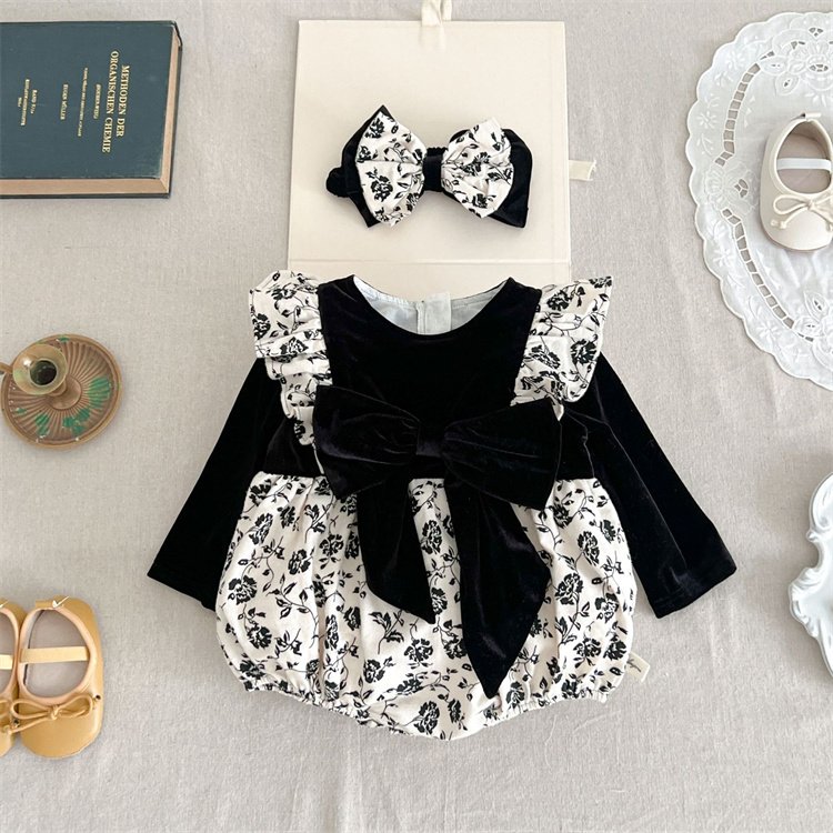 Newborn Infant Bodysuit Long Sleeveless Jumpsuits Cotton Button Ruffle Baby Rompers With Bow Headband