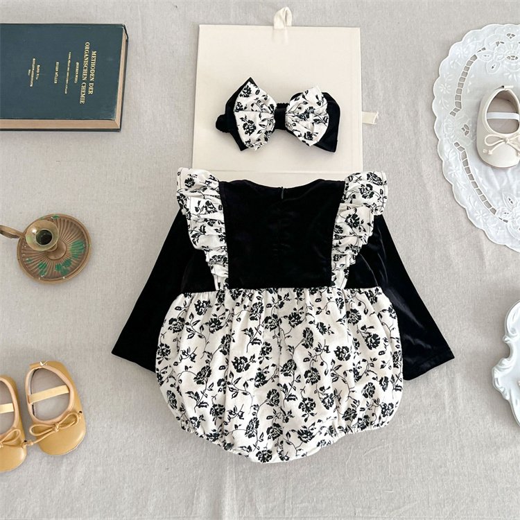 Newborn Infant Bodysuit Long Sleeveless Jumpsuits Cotton Button Ruffle Baby Rompers With Bow Headband