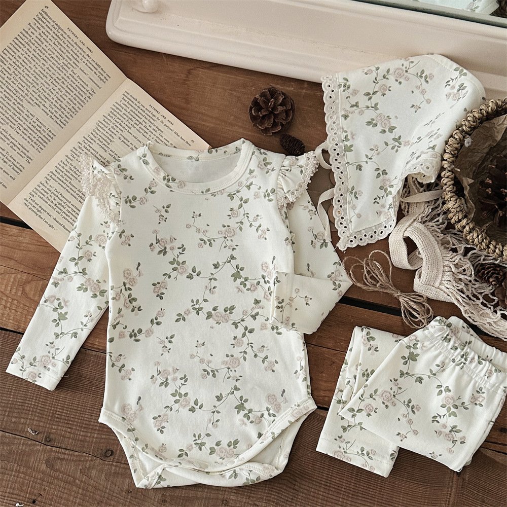 15101 High Waisted Pants 3 Pieces Suit Cotton Baby Clothes new born baby clothes romper sets 0-3 months for boy