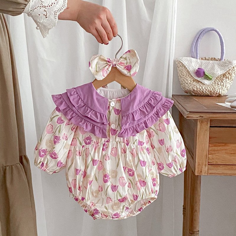 Spring Baby Dress Korean Baby Rompers Wholesale Long Sleeve Newborn Floral Baby Rompers