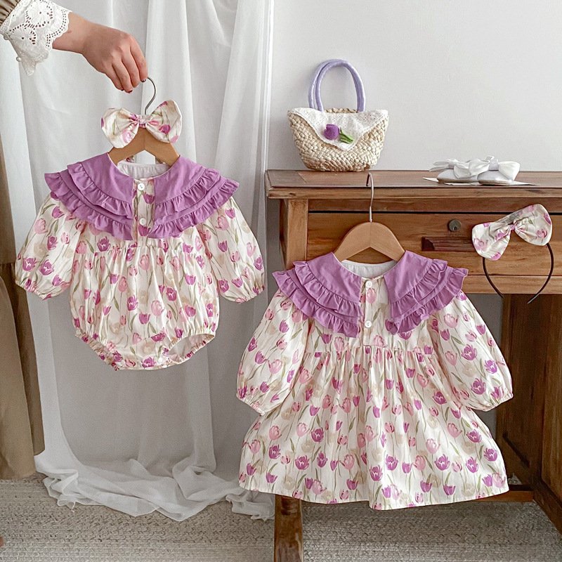 Spring Baby Dress Korean Baby Rompers Wholesale Long Sleeve Newborn Floral Baby Rompers