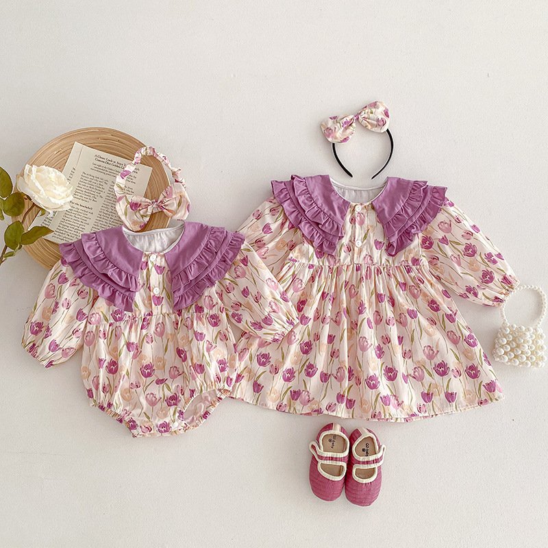 Spring Baby Dress Korean Baby Rompers Wholesale Long Sleeve Newborn Floral Baby Rompers