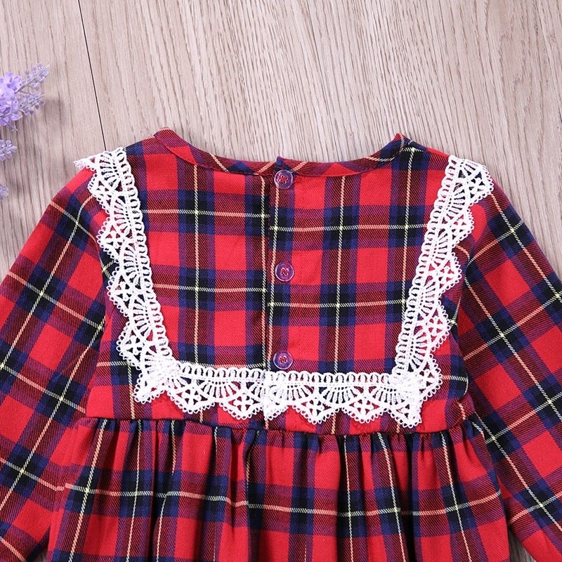 Girls Christmas clothes jumpsuits suit ruffle red plaid lace ruffle sleeve no stretch Newborn romper long sleeve Baby romper
