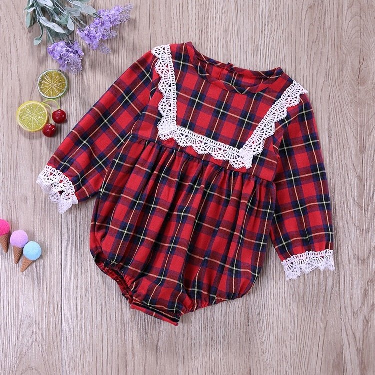 Girls Christmas clothes jumpsuits suit ruffle red plaid lace ruffle sleeve no stretch Newborn romper long sleeve Baby romper