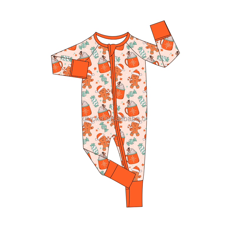 High Quality Christmas Fold Over Long Sleeve Zipper Bamboo Girl Baby Romper