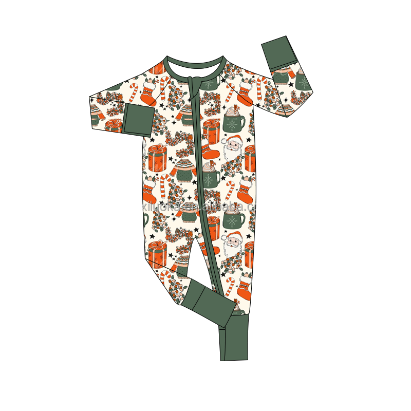 High Quality Christmas Fold Over Long Sleeve Zipper Bamboo Girl Baby Romper