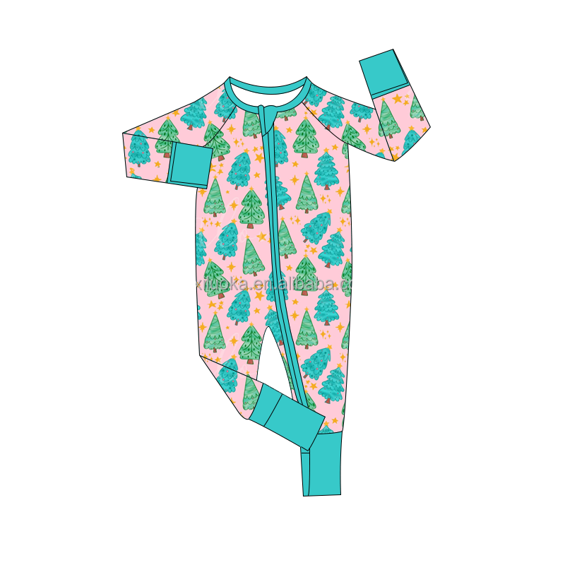 High Quality Christmas Fold Over Long Sleeve Zipper Bamboo Girl Baby Romper