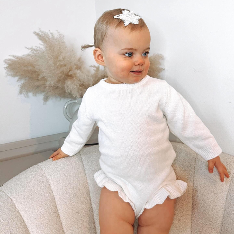 Knitted Baby Romper Going home outfit First Birthday Onesie Christening Knit Wear Warm White Playsuit Princess Toddler Jumpsuit