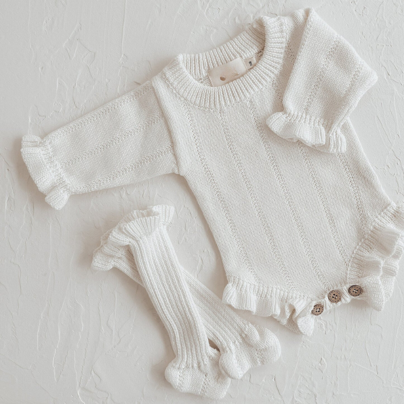 Knitted Baby Romper Going home outfit First Birthday Onesie Christening Knit Wear Warm White Playsuit Princess Toddler Jumpsuit