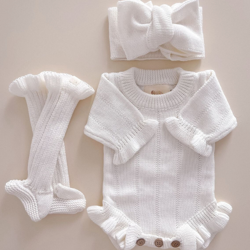 Knitted Baby Romper Going home outfit First Birthday Onesie Christening Knit Wear Warm White Playsuit Princess Toddler Jumpsuit