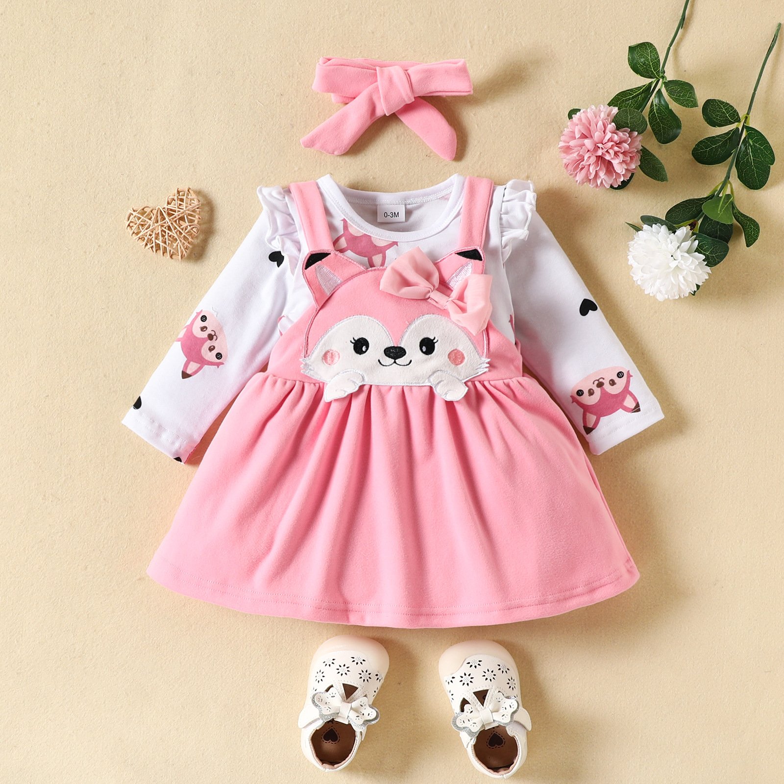 Autumn Infant Girl Clothing 3 Piece Sets Cartoon New Born Baby Girl Bow Dresses Cute Toddler Baby Long Sleeve Romper