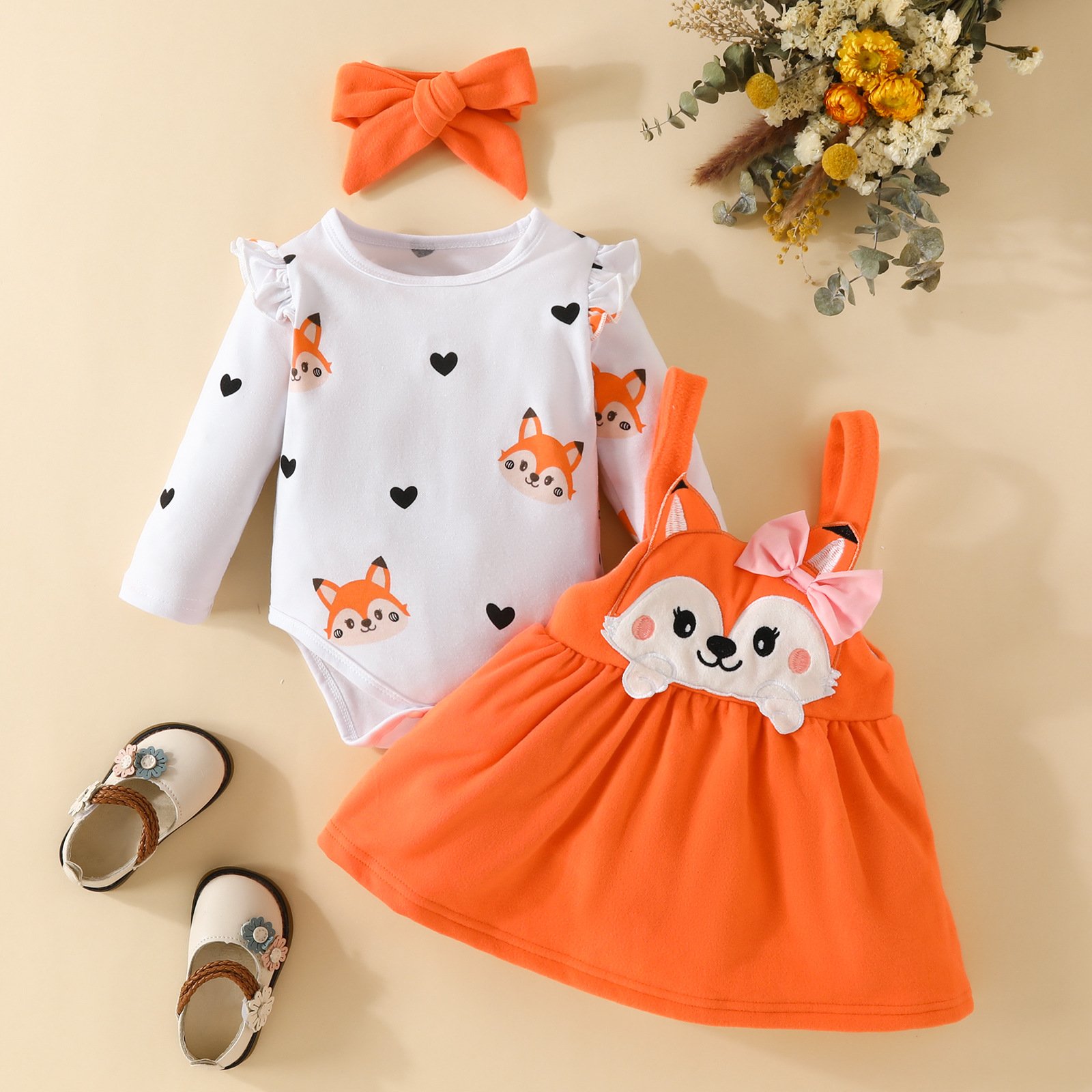 Autumn Infant Girl Clothing 3 Piece Sets Cartoon New Born Baby Girl Bow Dresses Cute Toddler Baby Long Sleeve Romper
