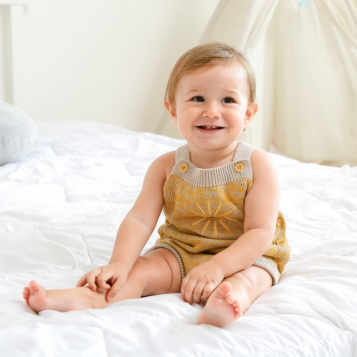 Spring Autumn Infant Toddler Unisex Sun Embroidery Cotton Knitted Suspender Bubble Romper Baby Knit Bodysuit